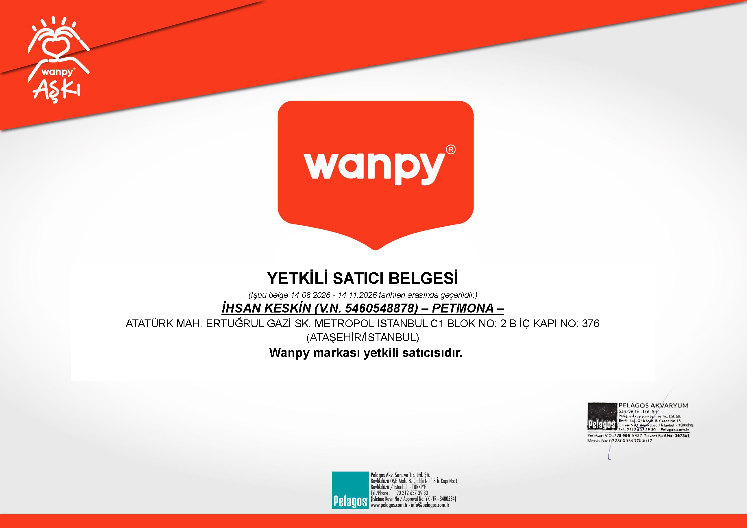 Wanpy yetkili satıcı belgesi